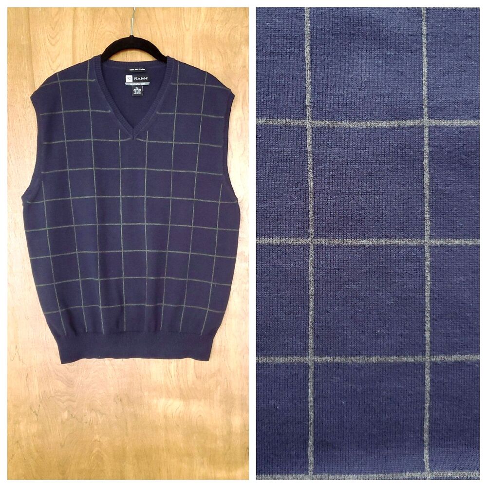 Jos A Bank Sweater Vest Mens XL Blue Windowpane 100% Pima Cotton Leadbetter Golf